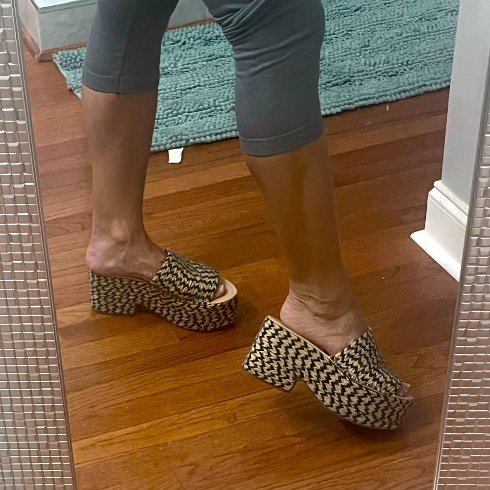 Platform Sandal Wedges Tribal Print Black and Beige